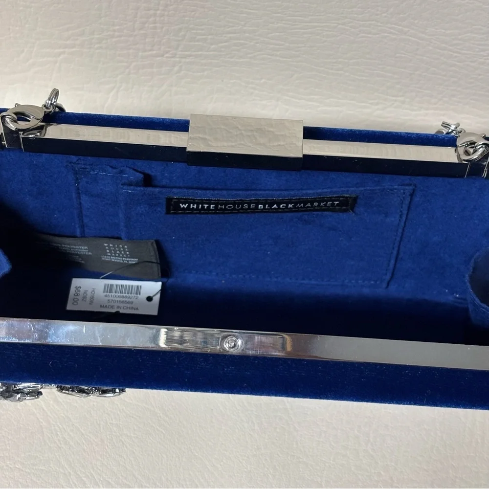 White House Black Market Royal Blue Velvet Clutch with Glass Crystal Flowers - Picture 4 of 7